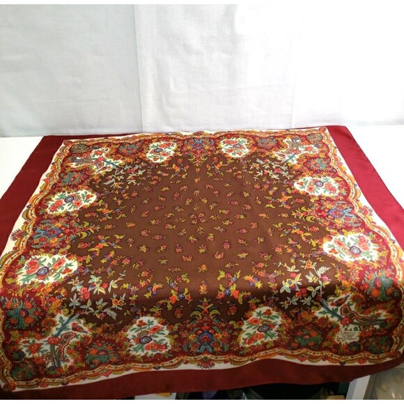 Liberty of London 100% Silk Twill Red Brown Floral Foulard Border Scarf 23"X23" - Picture 9 of 16